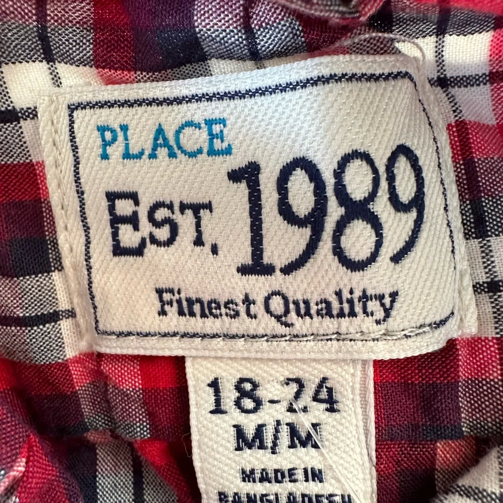 ❤️ CHILDREN’S PLACE Boys Button Down 18-24 months red white and blue plaid euc